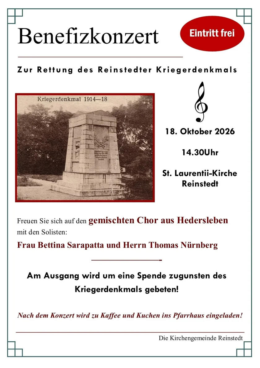 Benefizkonzert zur Rettung des Reinstedter Kriegsdenkmals