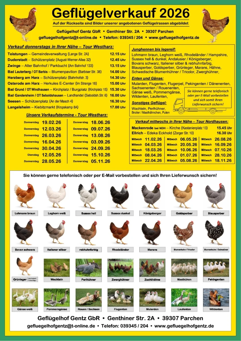 Geflügelverkauf vom Geflügelhof Gentz - Unsere Verkaufswagen beliefern Sie mit Geflügel, Futtermitteln und Zubehörartikeln.