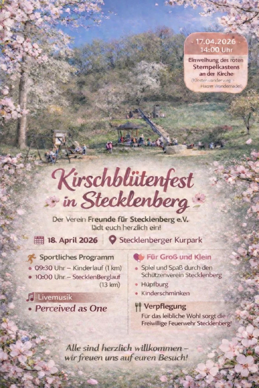 Kirschblütenfest in Stecklenberg - Der Verein "Freunde für Stecklenberg e.V." lädt euch herzlich zum Kirschblütenfest für Groß & Klein ein!Am Samstag, 18. April ab 9 Uhr