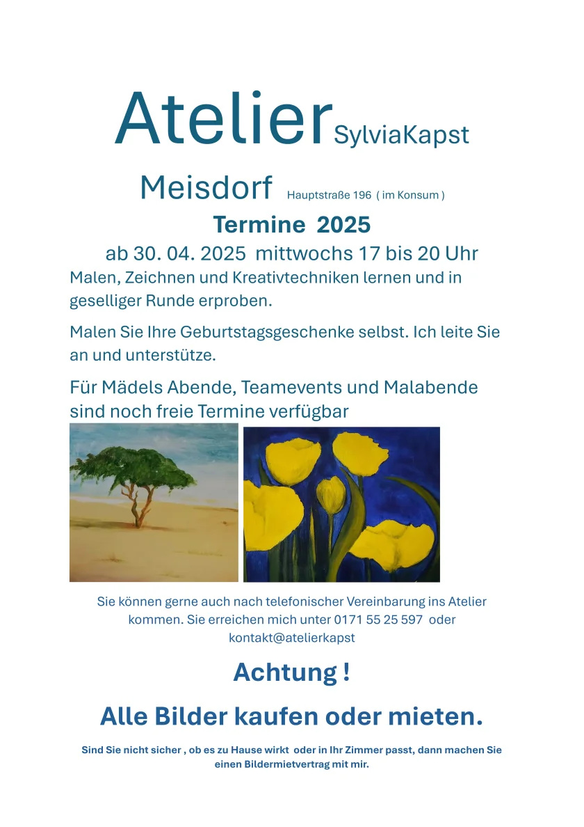 Kreativzeit im Atelier - Tauchen Sie ein in die Welt der Farben und Formen! In geselliger Runde entstehen Kunstwerke, Inspiration und schöne Erinnerungen. Egal ob Anfänger oder Profi – kommen Sie vorbei und gestalten Sie mit!