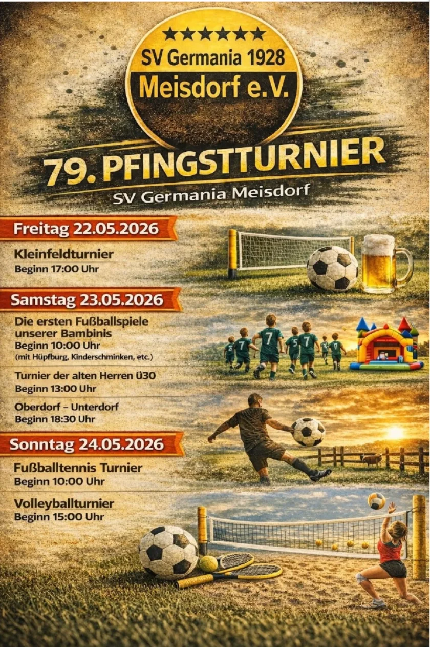 79. Pfingstturnier in Meisdorf - Der SV Germania 1928 Meisdorf e.V. veranstaltet vom 22. bis 24. Mai 2026 das 79. Pfingstturnier in Meisdorf.