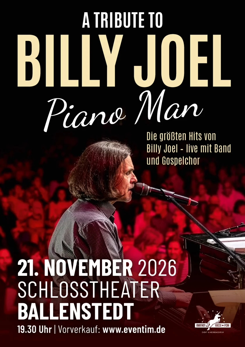 PIANO MAN - A Tribute to Billy Joel - Live spielt die PIANO MAN-Band in Original-Besetzung die Songs von Billy Joel mit ihren vielfältigen Geschichten – gespickt mit Gags und interessanten Anekdoten aus seinem Leben.