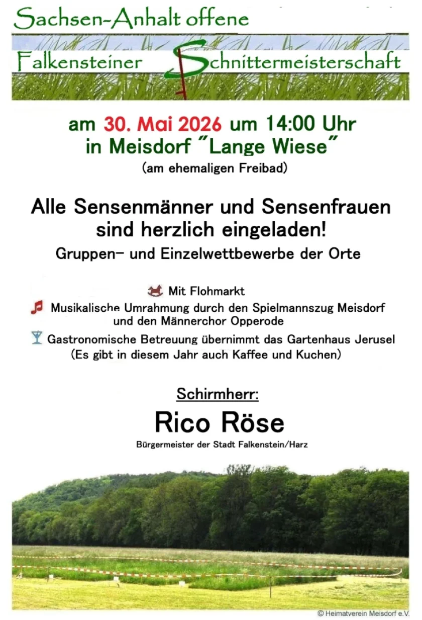 Schnitterfest Meisdorf 2026 - Am 30. Mai 2026 ab 14 Uhr findet in Meisdorf (Falkenstein/Harz) auf der „Langen Wiese“ das beliebte Schnitterfest statt.