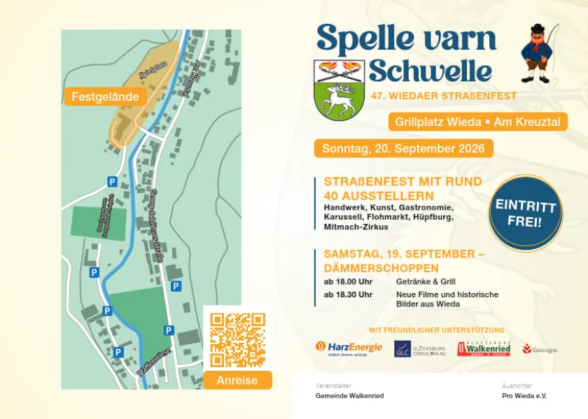 Spellefest in Wieda - Spelle var´n Schwelle in WiedaAuch in diesem Jahr feiern die Wiedaer Bürgerinnen und Bürger gemeinsam mit ihren Gästen das beliebte Spellefest. Am Sonntag, 20. September erwarten wir erneut mehrere Tausend Besucher dieses Straßenfestes.