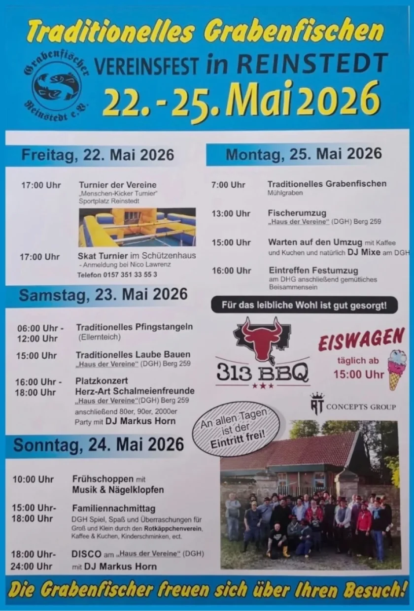 Traditionelles Reinstedter Grabenfischen - Das traditionelle Grabenfischen in Reinstedt ist ein mehrtägiges Vereinsfest mit abwechslungsreichem Programm für alle Altersgruppen.
