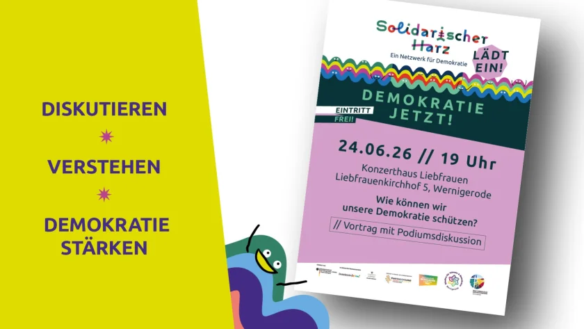 Vortrag mit Podiumsdiskussion: Demokratie jetzt! Wie können wir unsere Demokratie schützen? - Impulsvortrag von Prof. Volker Depkat, mit Dr. Ilko-Sascha Kowalczuk, Heike Kleffner, Sophie Wohlgemuth und Anna Fultin-Schwindack