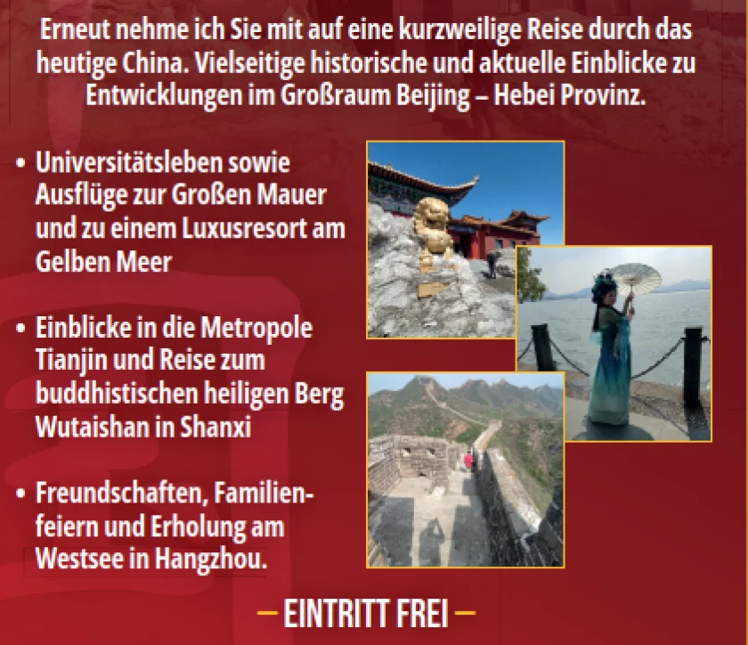 Vortrag von Rainer Sauter über das heutige China - Erneut nehme ich Sie mit auf eine kurzweilige Reise durch das heutige China. Vielseitige historische und aktuelle Einblicke zu Entwicklungen im Großraum Beijing-Herbei Provinz.