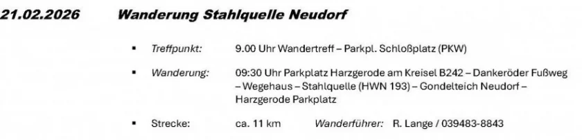 Wanderung Stahlquelle Neudorf - Der Harzklub - Zweigverein Ballenstedt e.V lädt ein zur Wanderung: