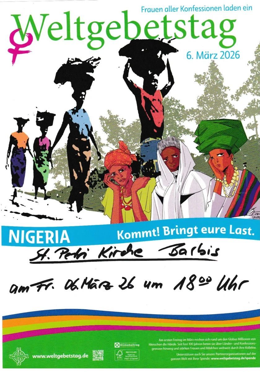 Weltgebetstags-Gottesdienst - Weltgebetstags-Gottesdienst am 06. März 2026Nigeria – „Kommt, bringt eure Last!“