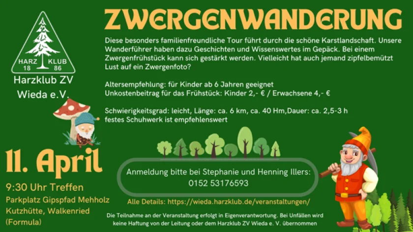 Zwergen Wanderung - Harzklub Wieda - Altersempfehlung: besonders für Kinder ab 6 Jahren geeignet Schwierigkeitsgrad: leicht, Länge: ca. 6 km, 40 HM, Dauer: ca. 2,5 bis 3 Stunden Festes Schuhwerk ist empfehlenswert